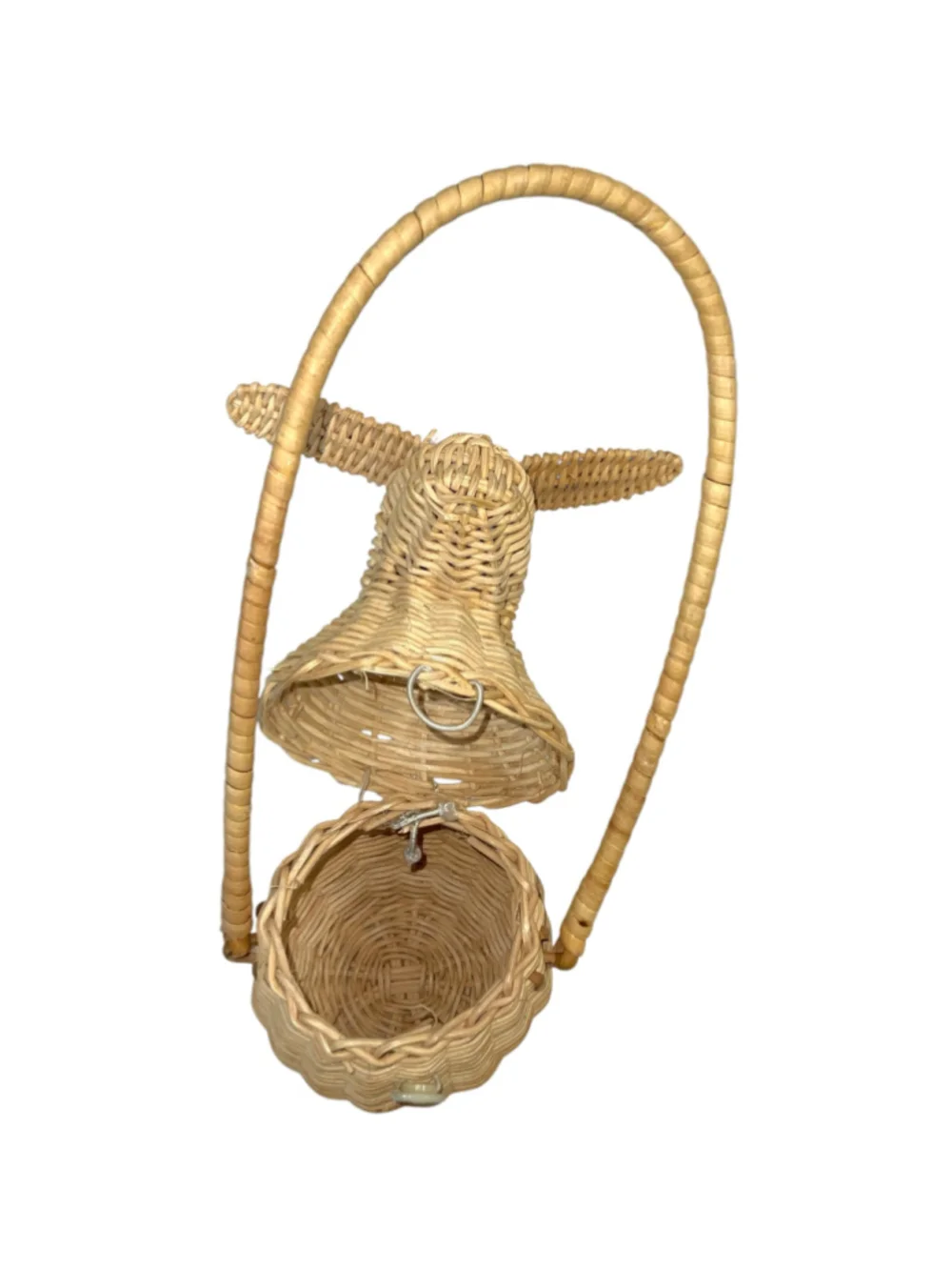 Vintage Handwoven Wicker Rabbit Bunny Basket Hinged 2-Compartment Long Handle
